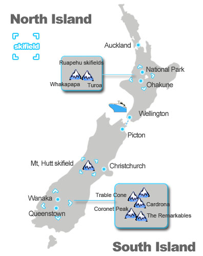 map of major ski and snowboarding filed in New Zealand